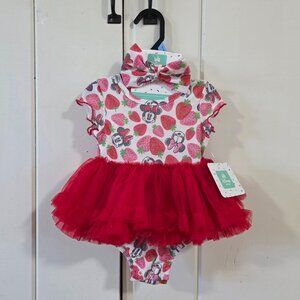 NEW Disney Baby Girl Skirted Tulle ShortSleeve Strawberry Romper & Headband 3/6M